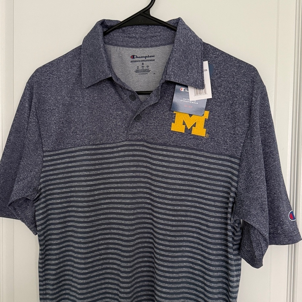 Champion Michigan Wolverines Embroidered Men's Navy Gray Striped Polo Shirt Sz S - Picture 5 of 7